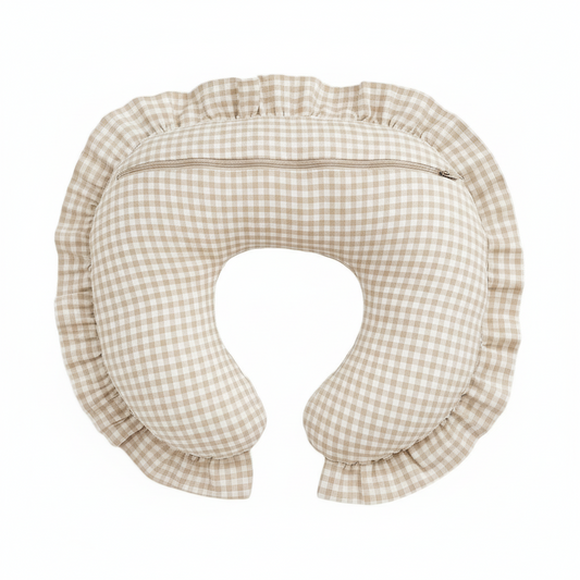 Beige Gingham Ruffle Nursing Pillow Cover