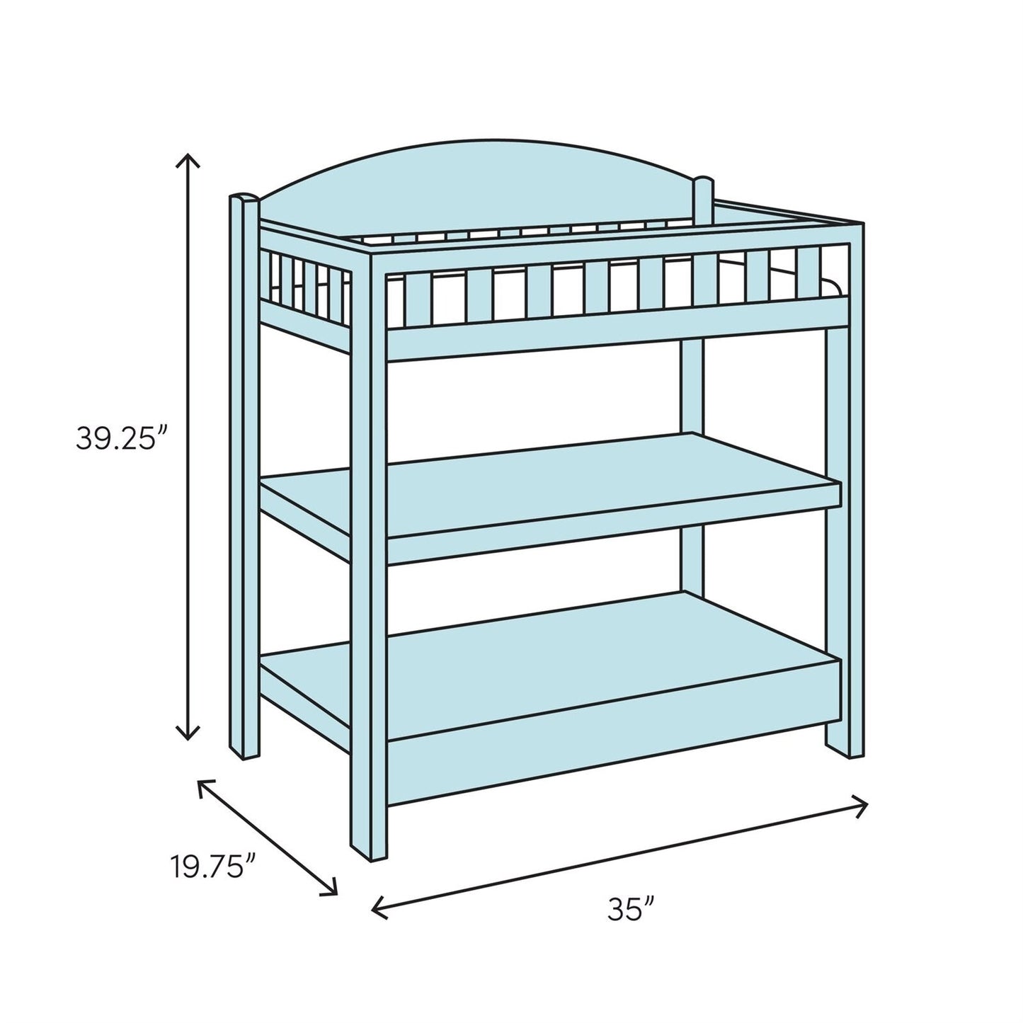 Measurement chart of a changing table with dimensions labeled.