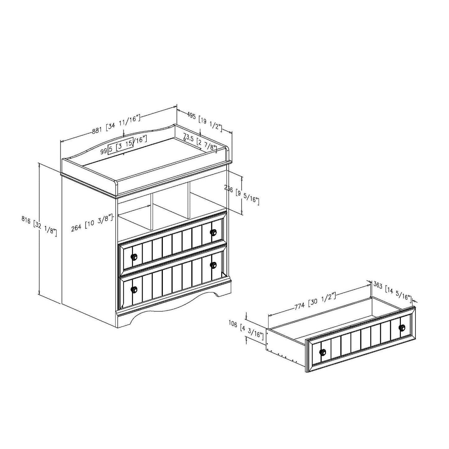 Technical drawing of a wooden dresser with dimensions labeled