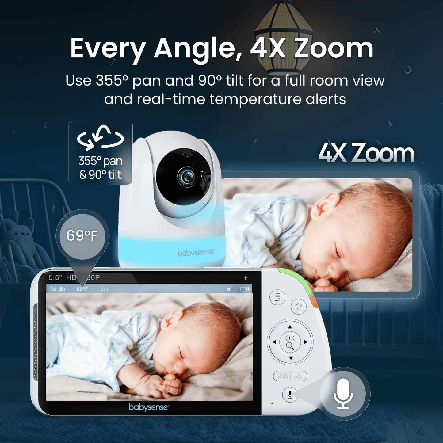 Babysense MaxView PRO: Video Baby Monitor with 2 Cameras, Non Wifi, Split Screen, Night Light & Sound Machine