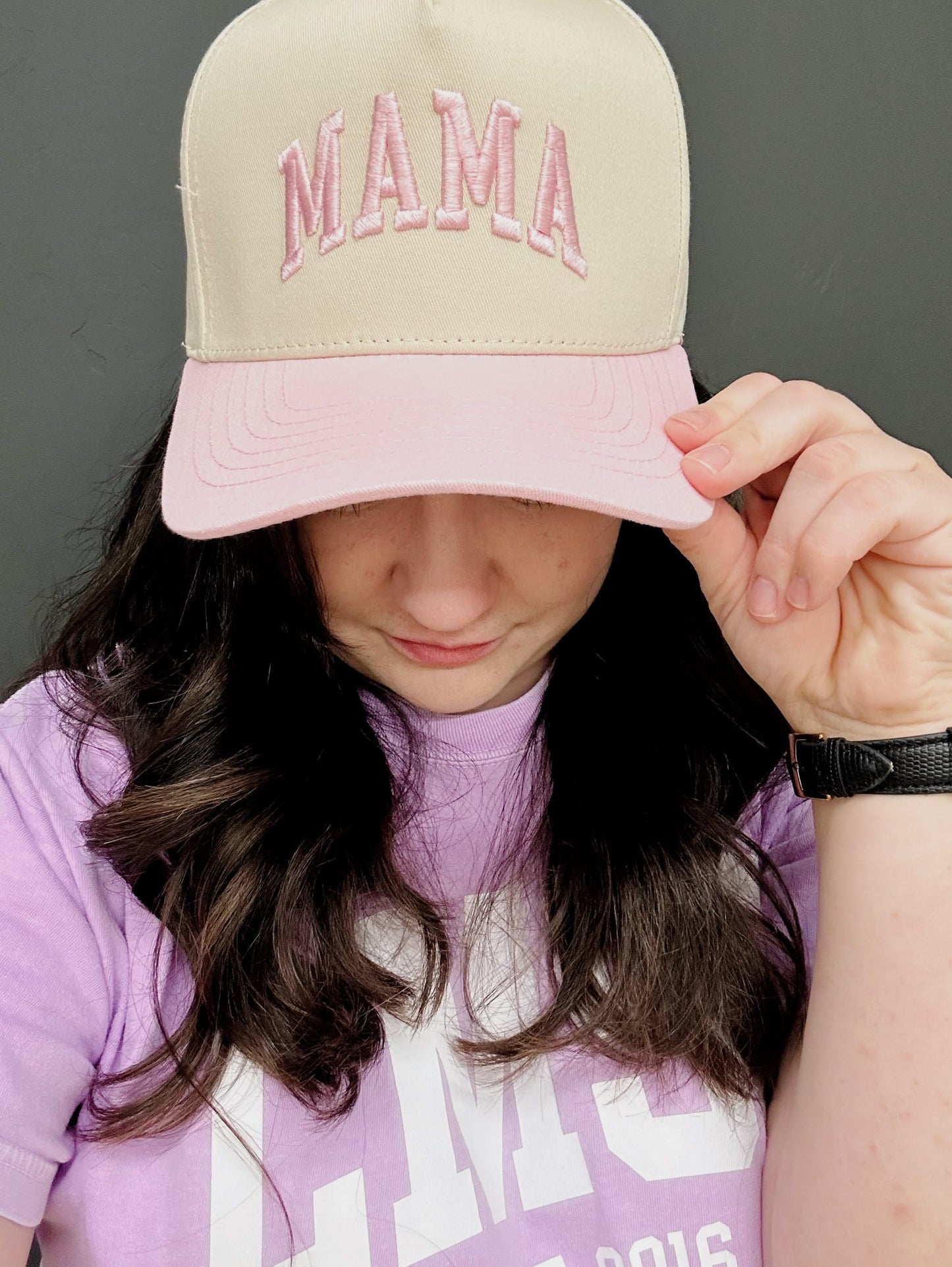 Embroidered Mama Hat | Natural Adjustable Cap with Pink or Blue Bill