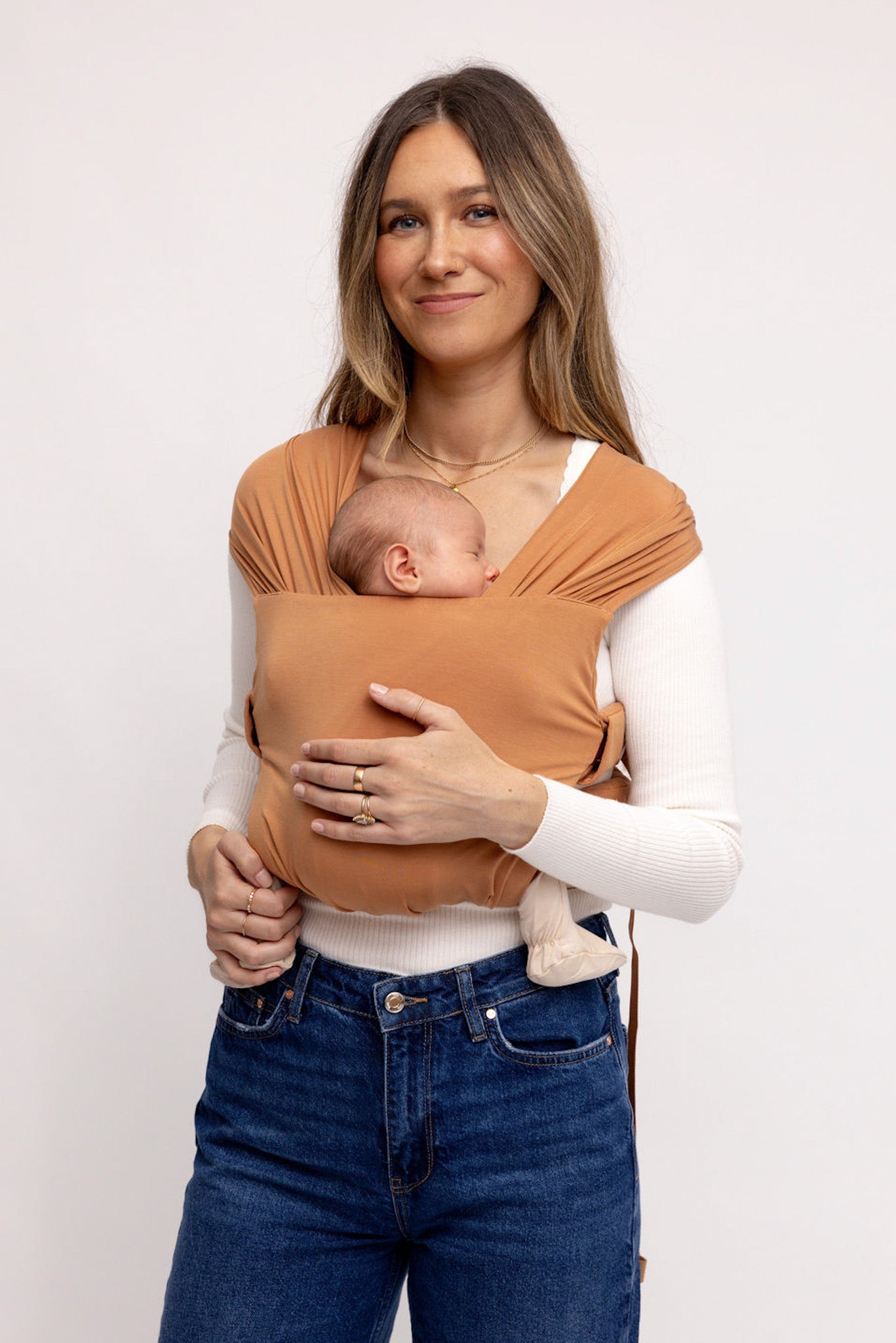 WildBird Willow Aerial Newborn Buckle Wrap terracotta front carry newborn facing in
