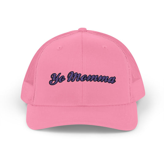 Embroidered "Yo Momma" Trucker Cap — Pink Snapback Hat