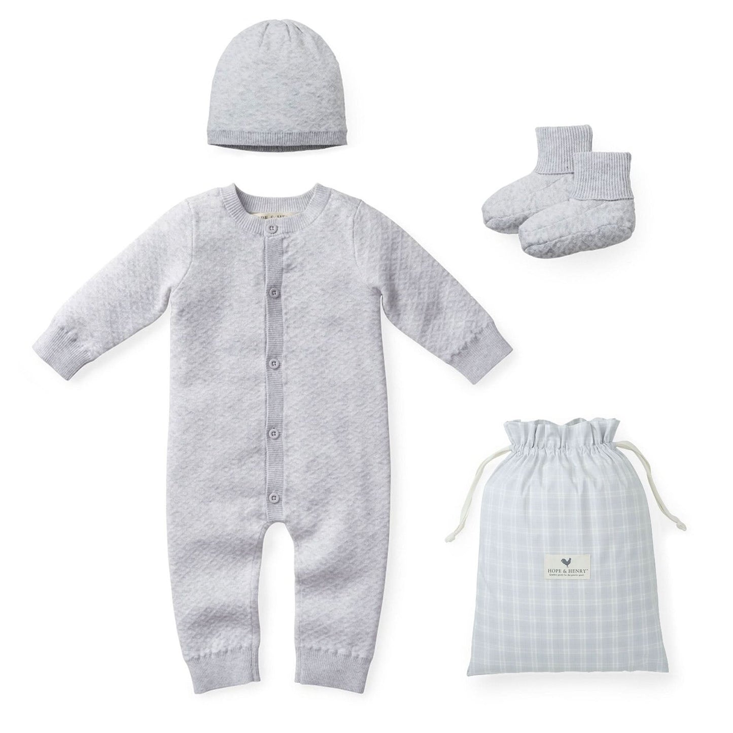 Hope & Henry jacquard diamond stitch organic cotton baby romper beanie and booties gift set