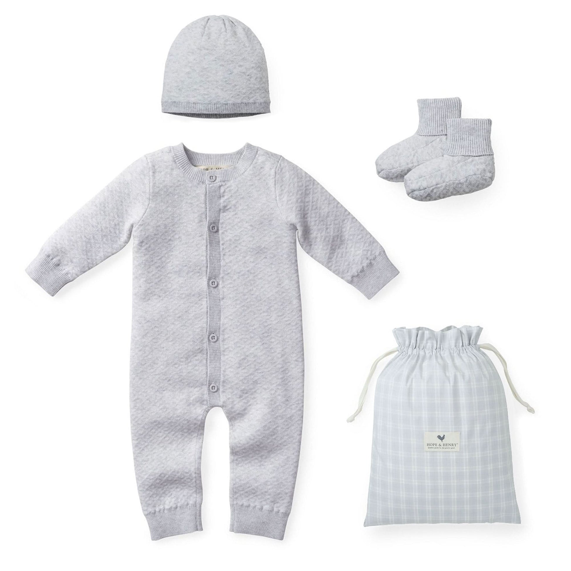Hope & Henry jacquard diamond stitch organic cotton baby romper beanie and booties gift set