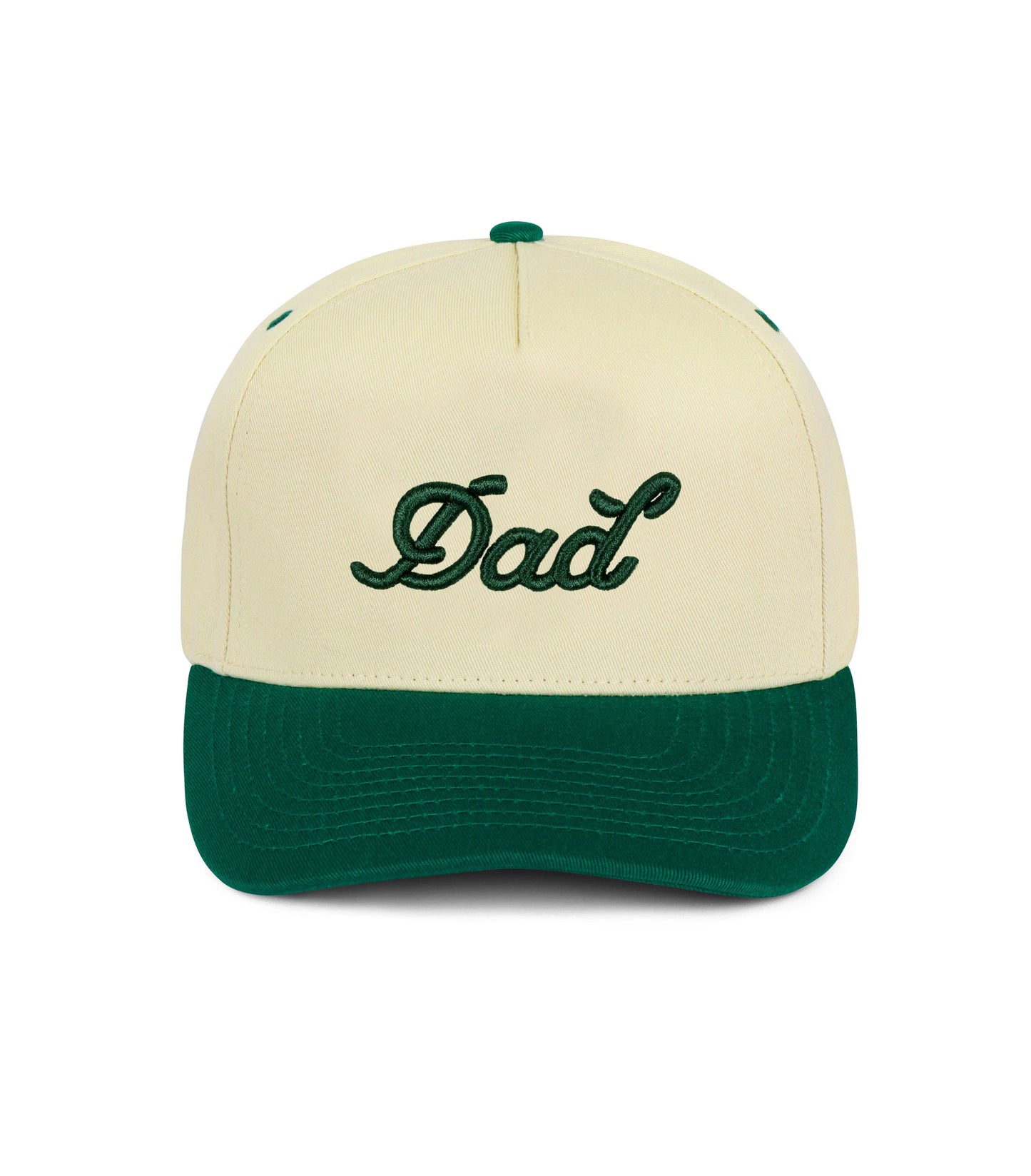 Cream Dad Snapback Hat with forest green brim and 3D puff embroidered “Dad” logo — 5-panel structured cap.