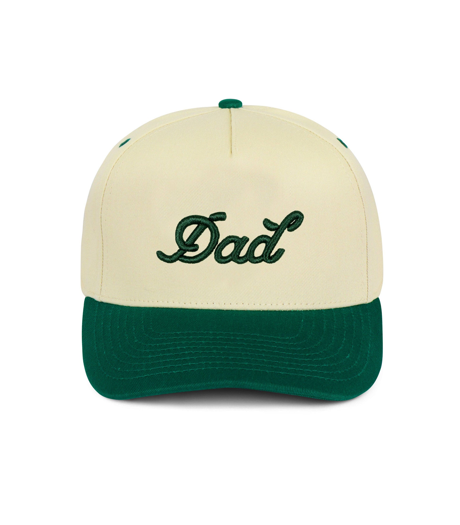 Cream Dad Snapback Hat with forest green brim and 3D puff embroidered “Dad” logo — 5-panel structured cap.