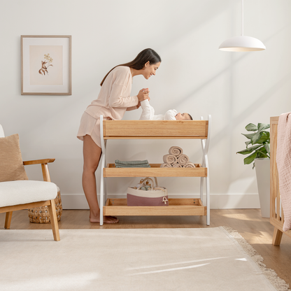Baby Changing Table by Comfy Cubs - Natural Wood With White Legs