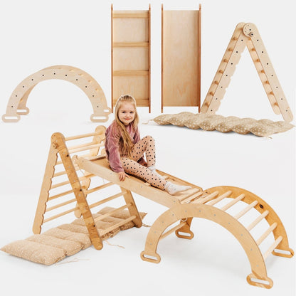 4in1 Montessori Climbing Set: Triangle Ladder + Climbing Arch + Slide Board & Cushion – Beige