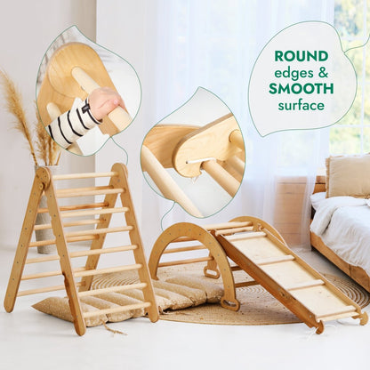 4in1 Montessori Climbing Set: Triangle Ladder + Climbing Arch + Slide Board & Cushion – Beige