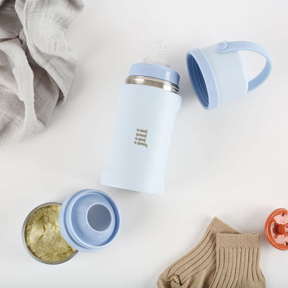 Light blue baby bottle, cup, and accessories on a white background