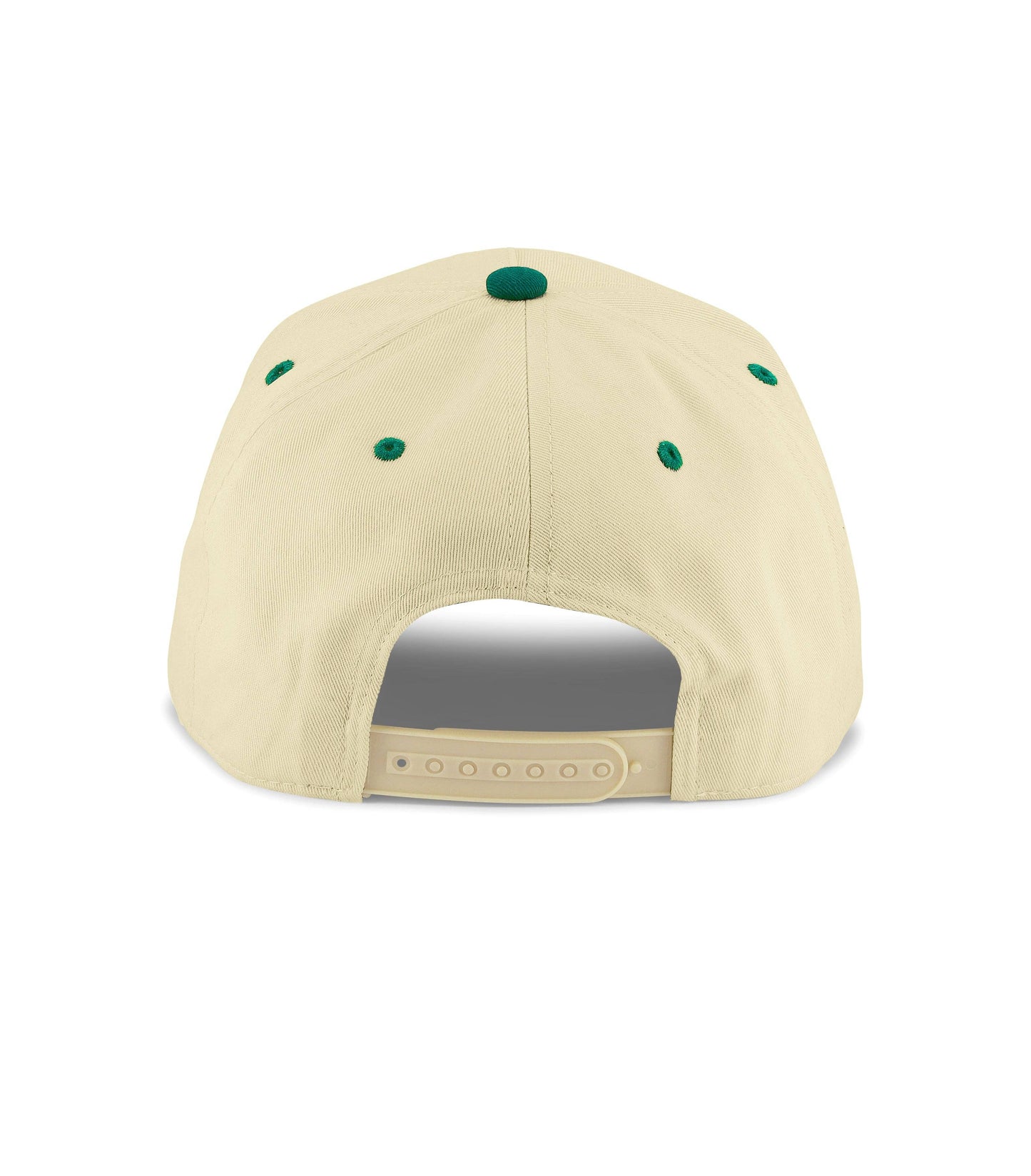 Cream Dad Snapback Hat with forest green brim and 3D puff embroidered “Dad” logo — 5-panel structured cap.