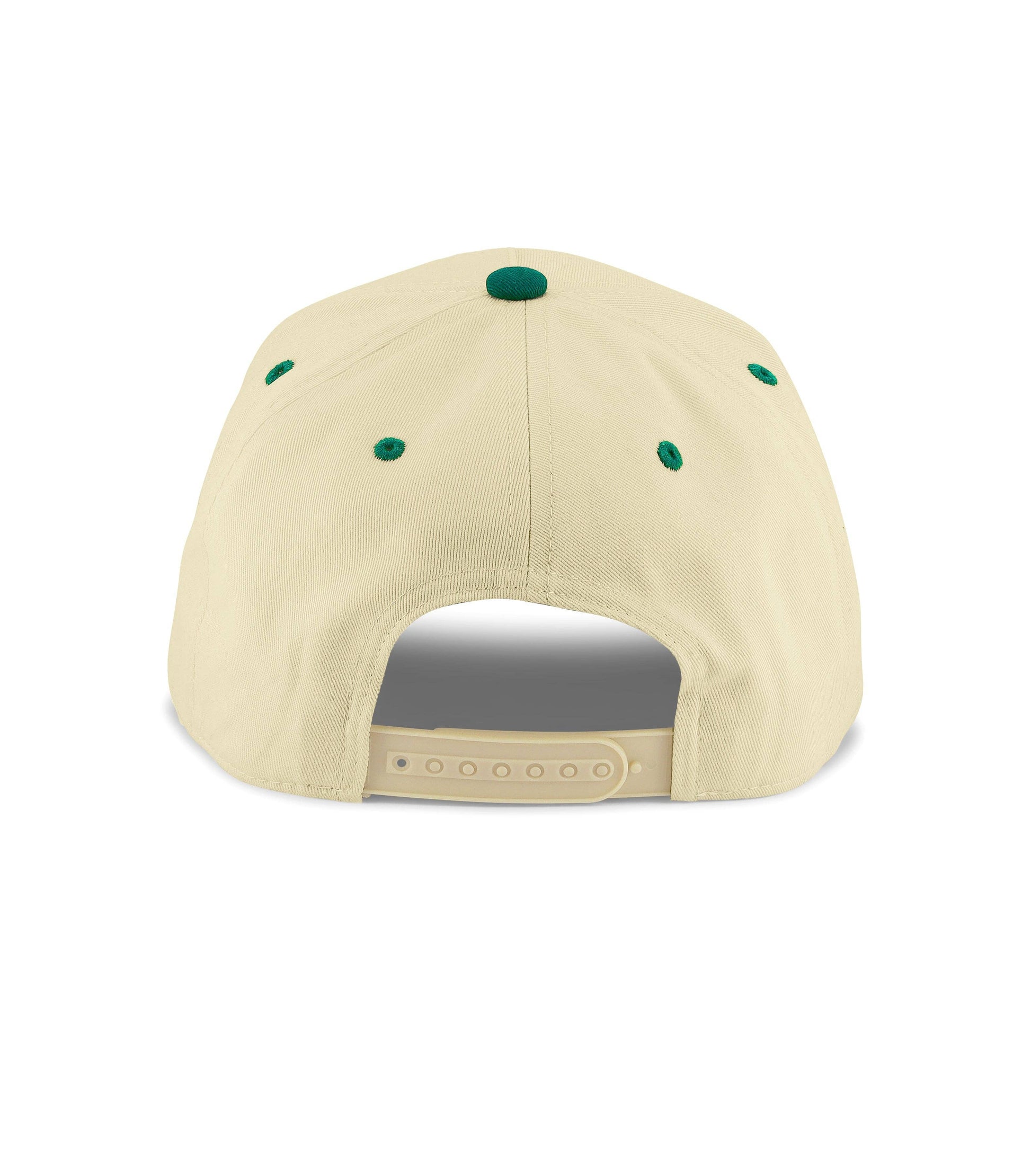 Cream Dad Snapback Hat with forest green brim and 3D puff embroidered “Dad” logo — 5-panel structured cap.