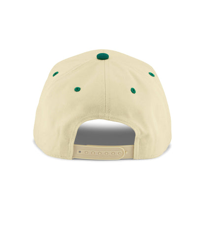Cream Dad Snapback Hat with forest green brim and 3D puff embroidered “Dad” logo — 5-panel structured cap.