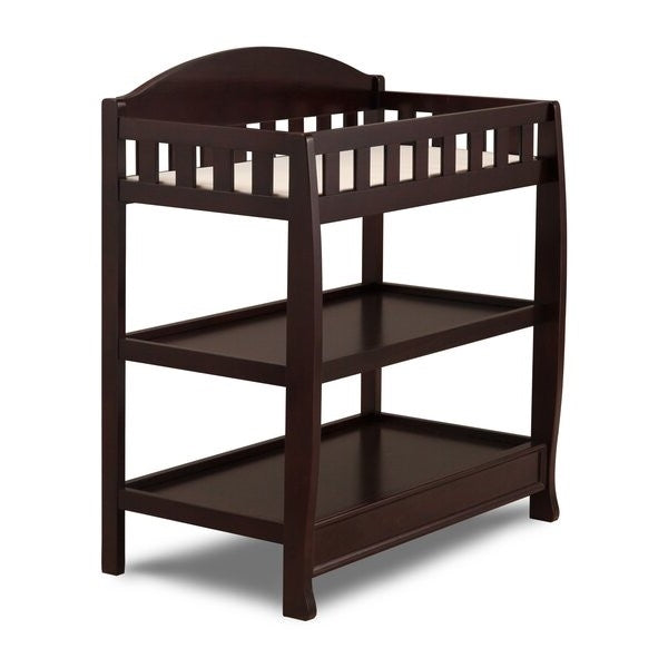 Dark brown changing table with a white background