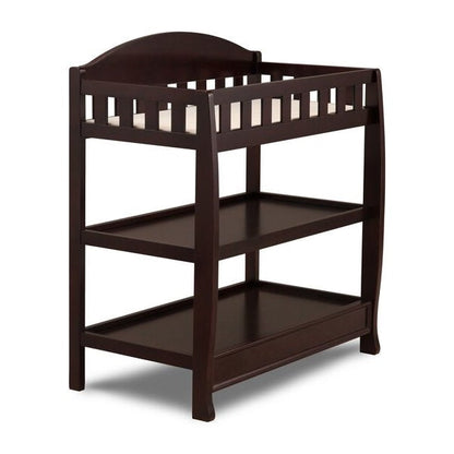 Dark brown changing table with a white background