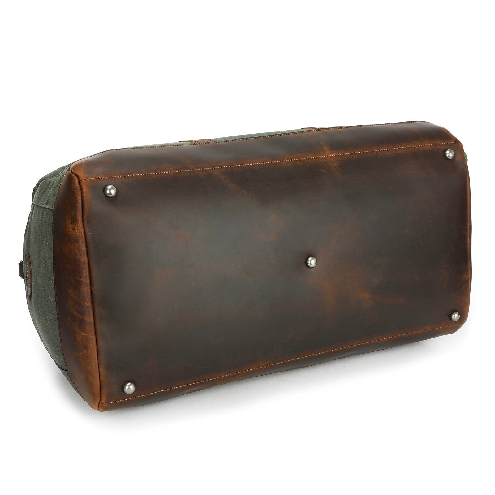 Brown leather duffel bag with silver rivets on a white background