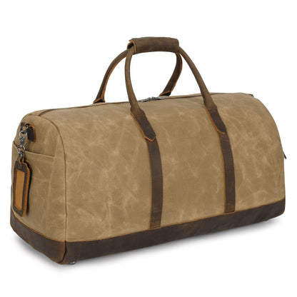 Brown duffel bag with leather straps on a white background