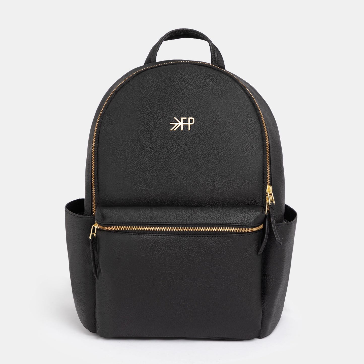 Freshly Picked Ebony black vegan leather diaper backpack with matte gold hardware