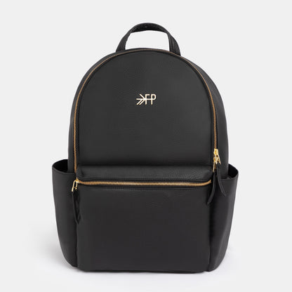 Freshly Picked Ebony black vegan leather diaper backpack with matte gold hardware