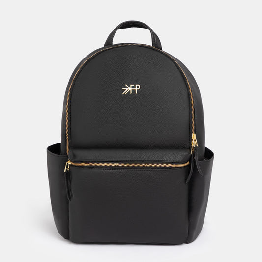 Freshly Picked Ebony black vegan leather diaper backpack with matte gold hardware