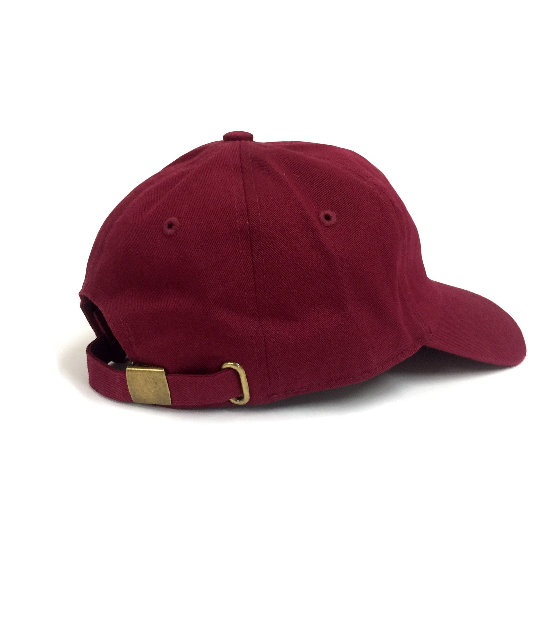 Maroon baseball cap with a gold buckle on a white background
