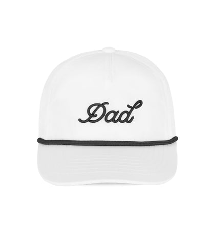 White cap with 'Dad' embroidered on it against a white background
