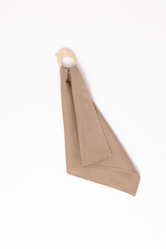WildBird Desert Lark maplewood baby teether with mauve taupe linen ring
