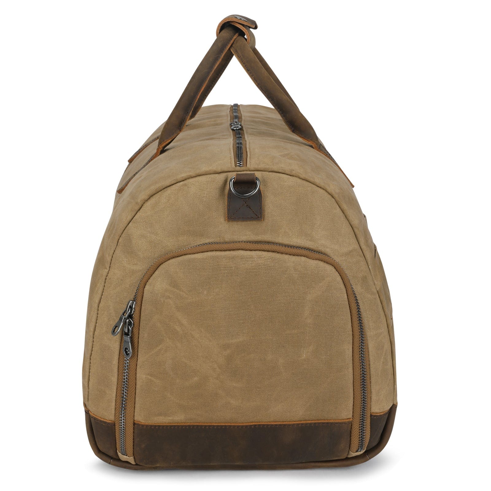 Brown duffel bag with leather accents on a white background