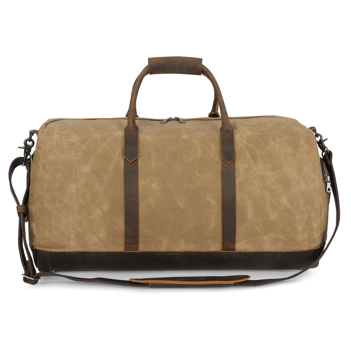Brown duffel bag with leather straps on a white background