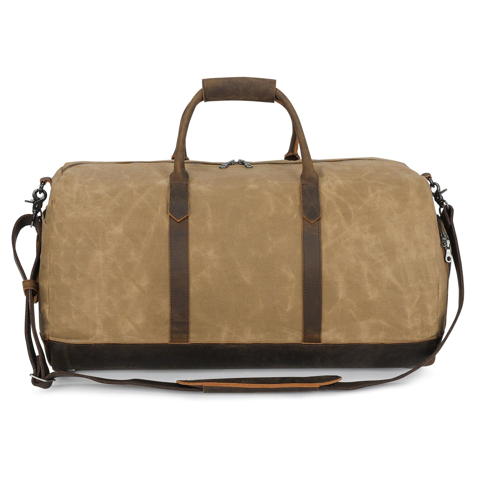 Brown duffel bag with leather straps on a white background