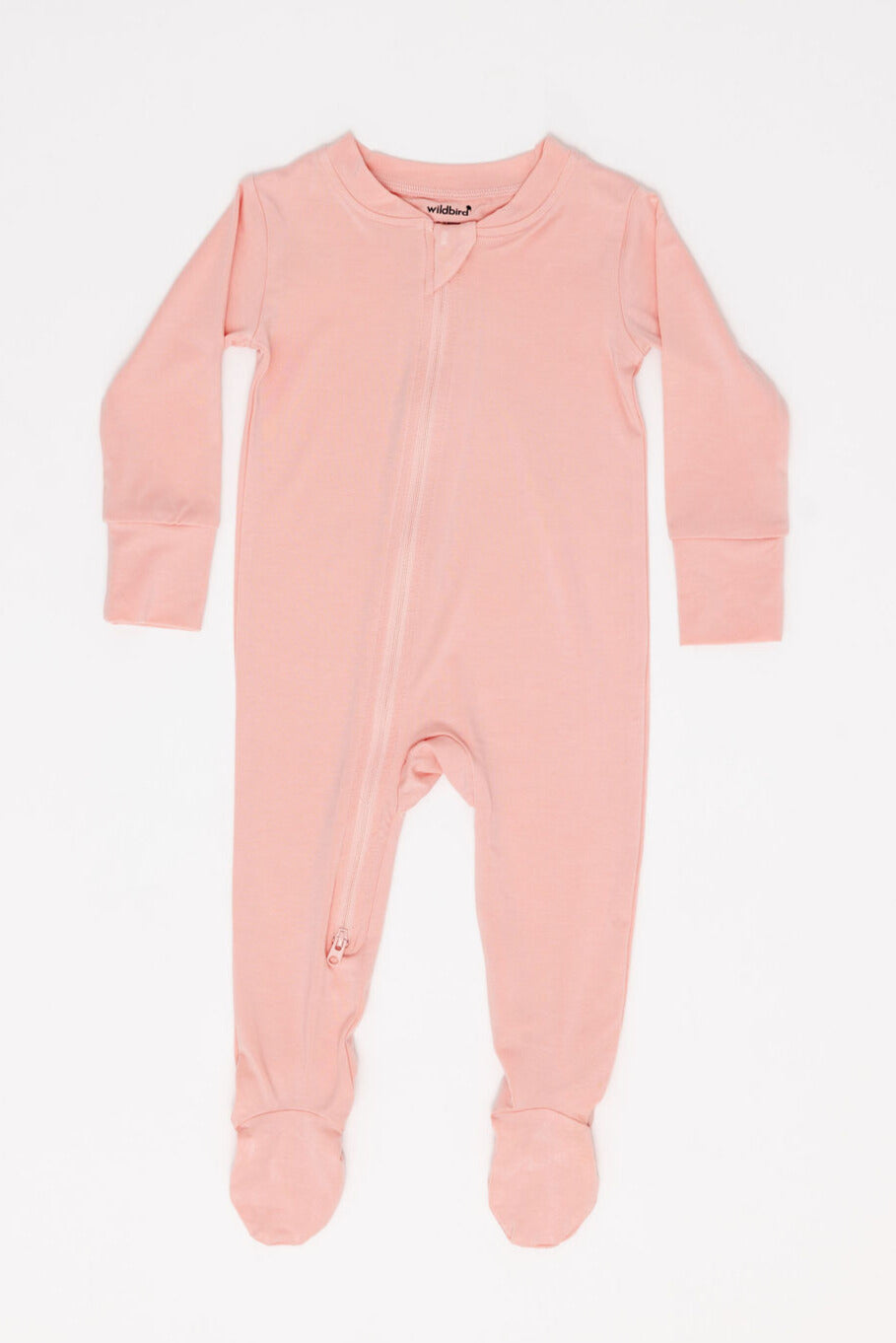 Pink baby onesie with a zipper on a white background