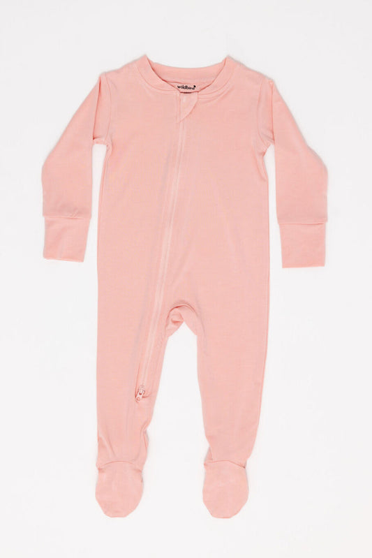 Pink baby onesie with a zipper on a white background