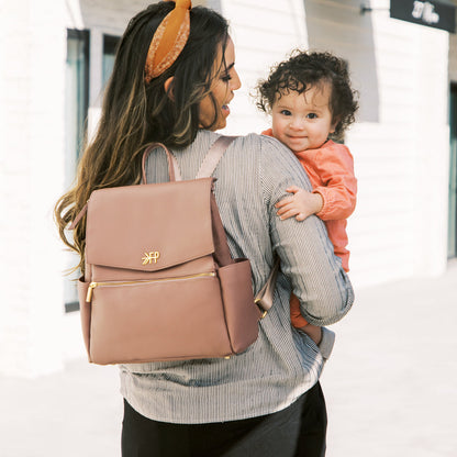Mom with Freshly Picked Heather Mini Classic II vegan leather diaper bag backpack with eight pockets