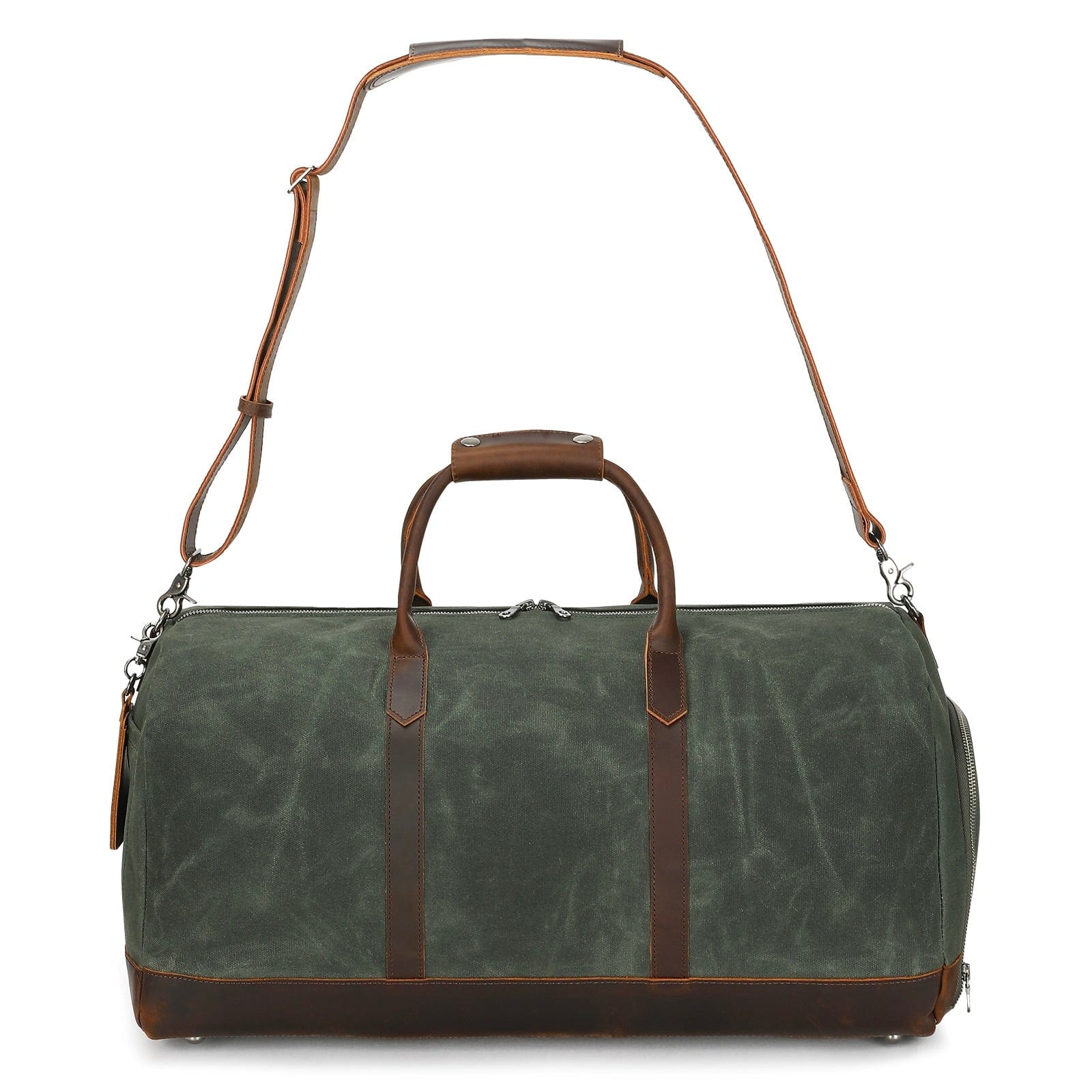 Green duffel bag with brown leather straps on a white background