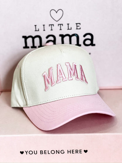Embroidered Mama Hat | Natural Adjustable Cap with Pink or Blue Bill
