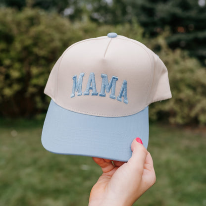 Embroidered Mama Hat | Natural Adjustable Cap with Pink or Blue Bill