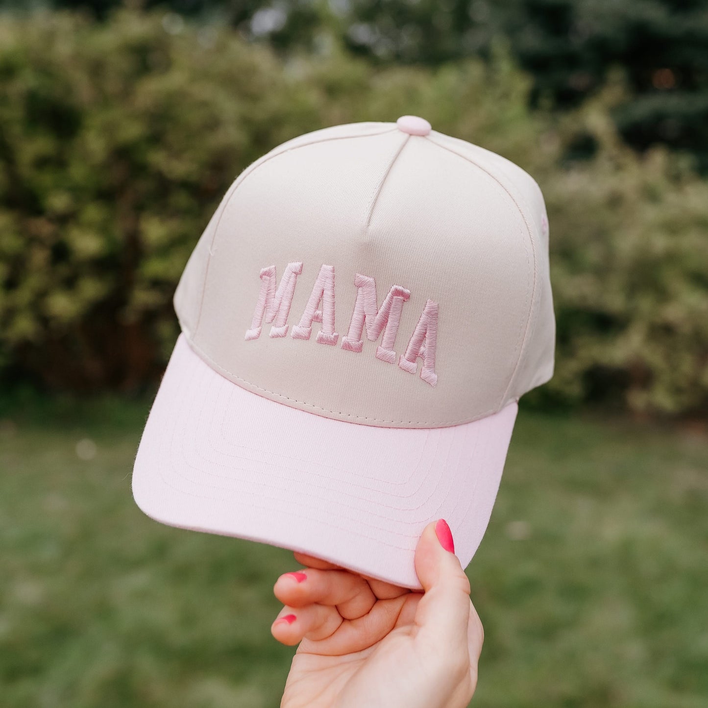 Embroidered Mama Hat | Natural Adjustable Cap with Pink or Blue Bill