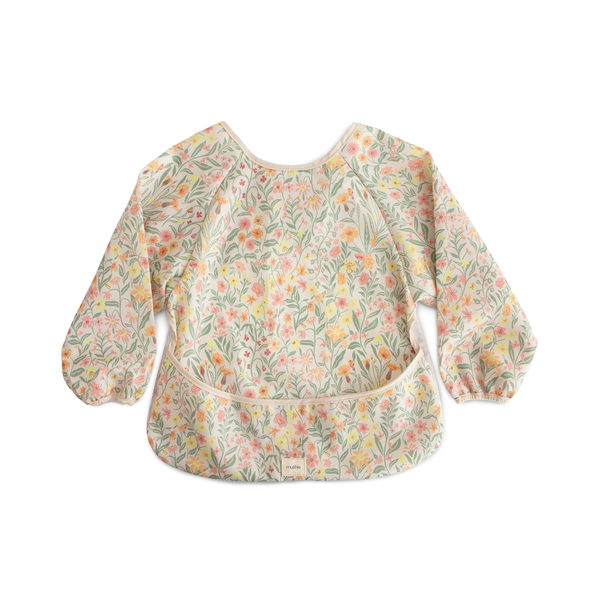 Mushie Long Sleeve Bib, a waterproof long sleeve baby bib with wide crumb catcher pocket