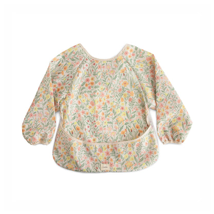 Mushie Long Sleeve Bib, a waterproof long sleeve baby bib with wide crumb catcher pocket