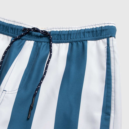 Mens Blue and white striped shorts with a drawstring on a light gray background