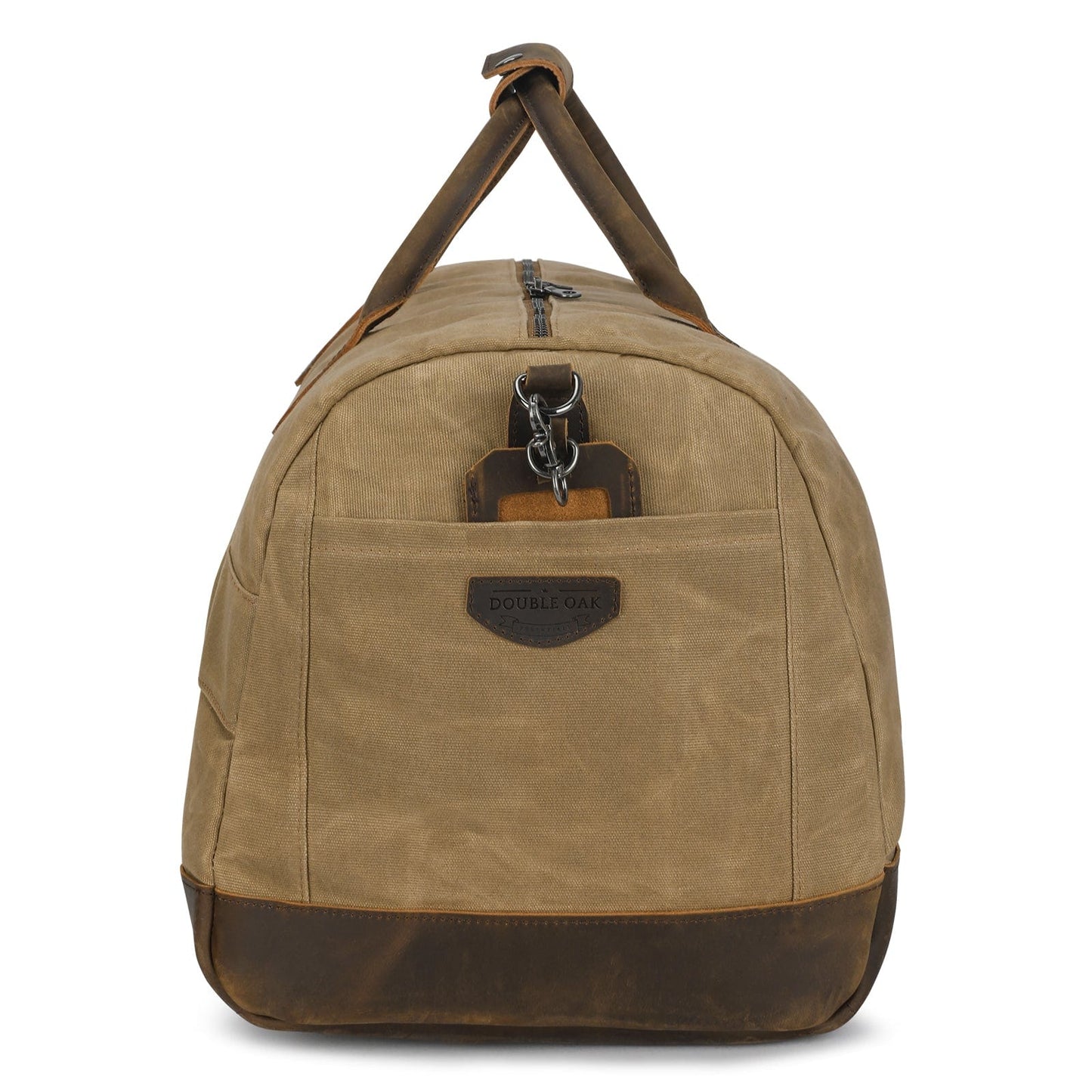 Brown duffel bag with leather accents on a white background