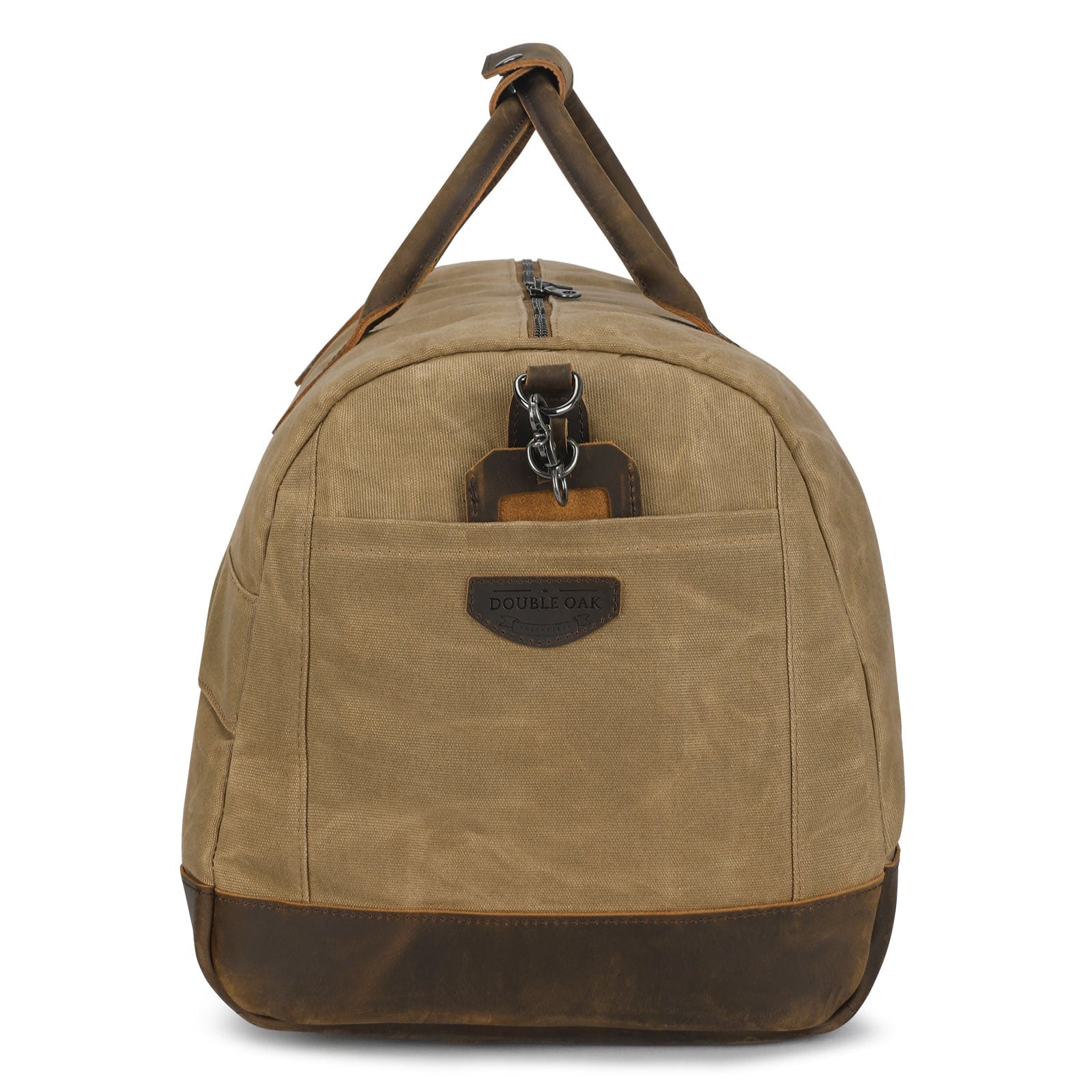 Brown duffel bag with leather accents on a white background