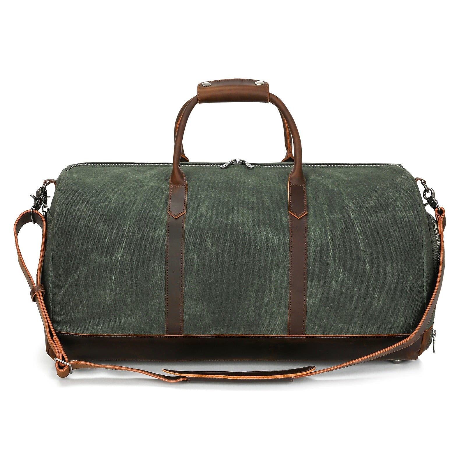 Green duffel bag with brown leather straps on a white background