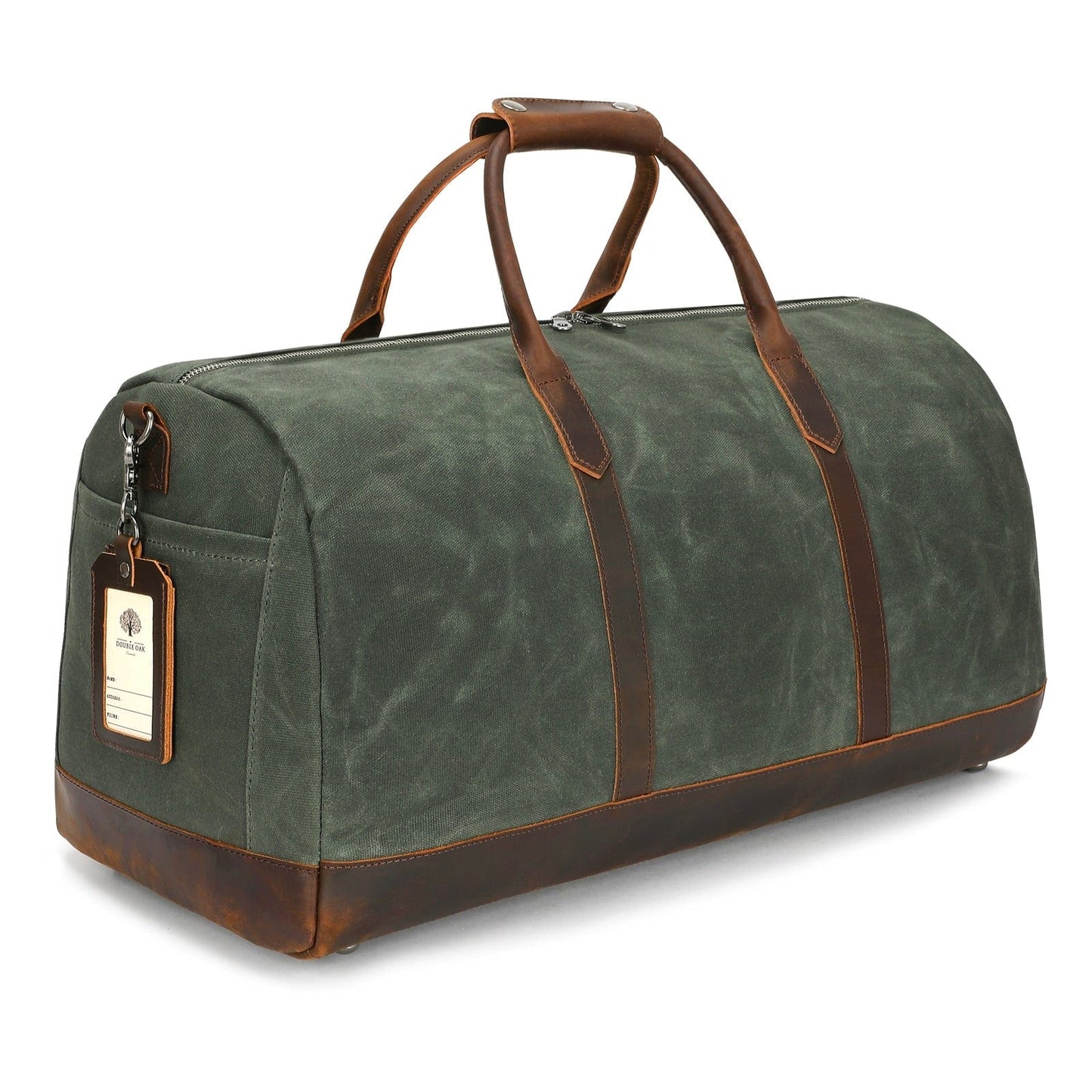 Green duffel bag with brown leather accents on a white background