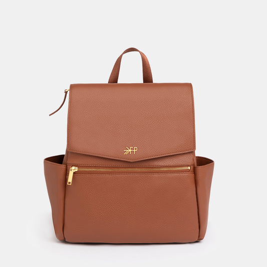 Freshly Picked cognac vegan leather mini diaper bag backpack with grab-and-go handle