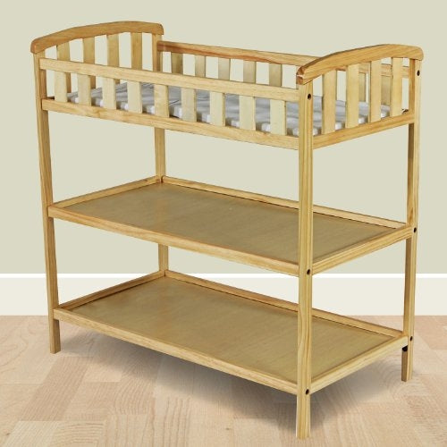 HomePacific natural finish wood baby changing table with 5.5-inch safety rail and open shelves