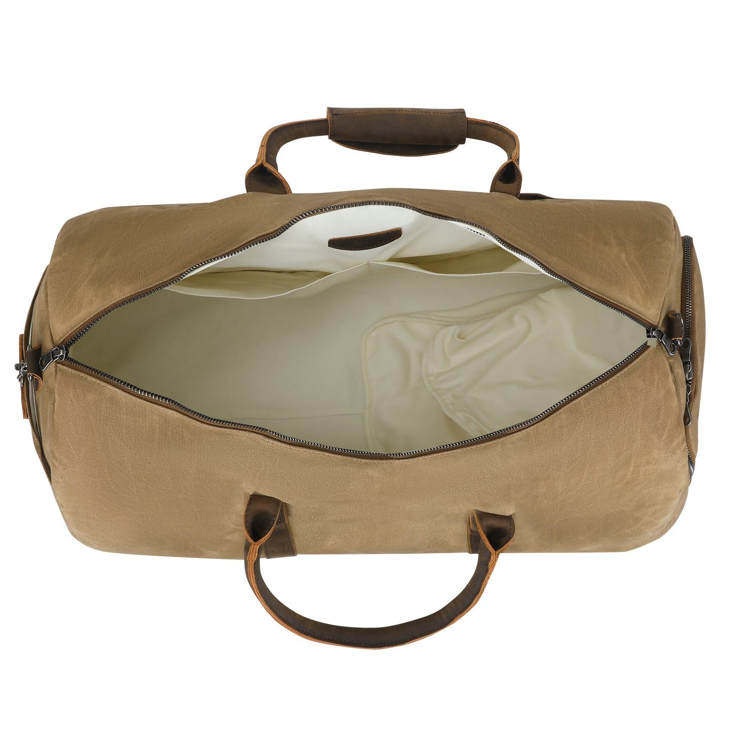 Brown duffel bag with leather handles on a white background