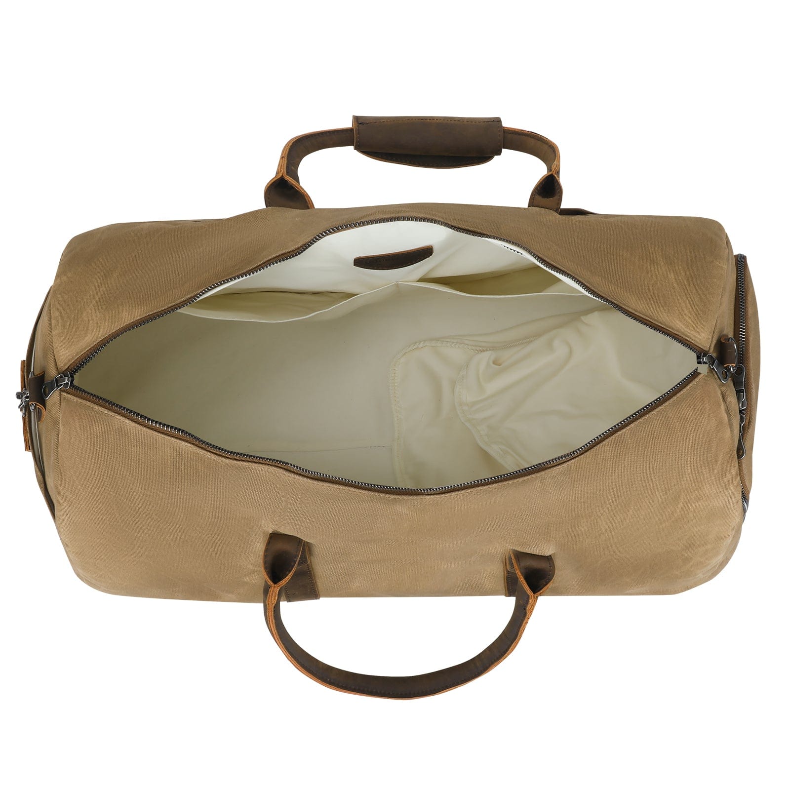 Brown duffel bag with leather handles on a white background