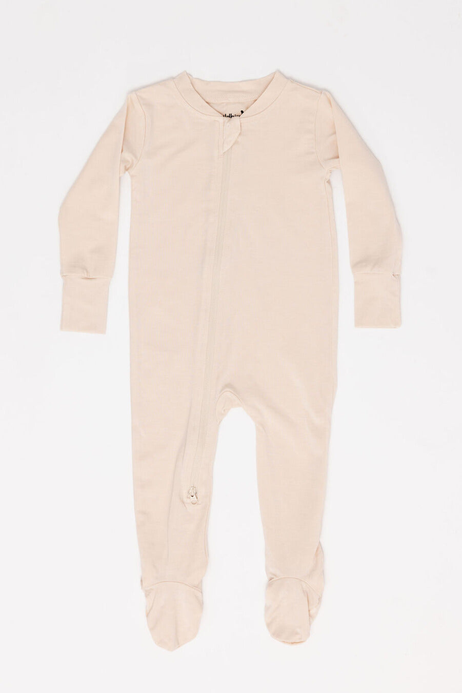 Beige baby onesie with feet on a white background